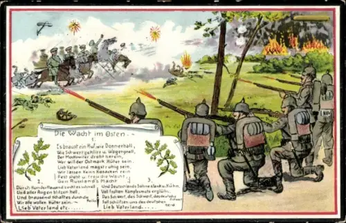 Ak Deutsche Soldaten auf dem Schlachtfeld, Die Wacht im Osten, I. WK