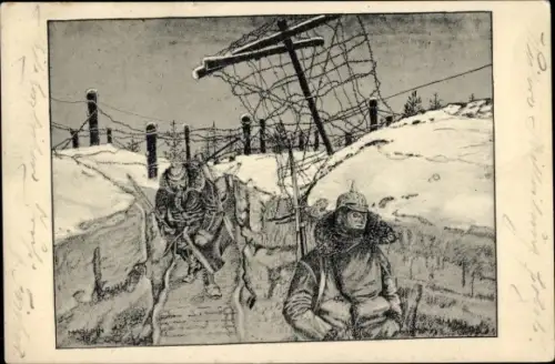 Künstler Ak Deutsche Soldaten im Schützengraben, Schnee, Stacheldraht, 1. WK