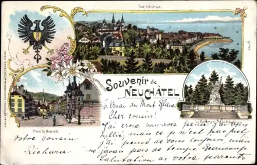 Wappen Litho Neuchâtel Neuenburg Stadt, Place du Marche, Le Monument de la Republique