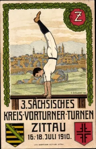 Wappen Künstler Ak Schuster, Zittau in der Oberlausitz, 3. Sächsisches Kreis Vorturner Turnen 1910