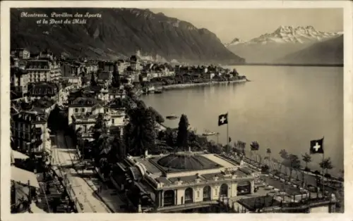 Ak Montreux Kanton Waadt Schweiz, Uferpromenade, Pavillon des Sports mit Kuppel, Schweizer Fahnen