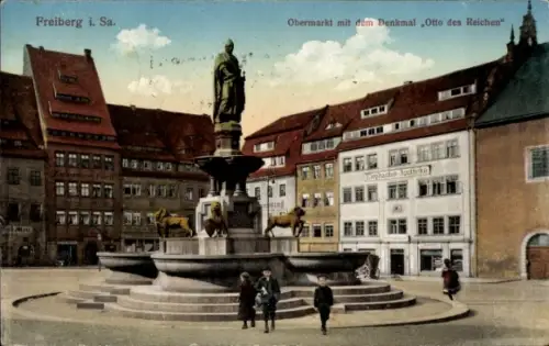 Ak Freiberg in Sachsen,  Obermarkt, Denkmal Otto des Reichen, Brunnen, Gebäude