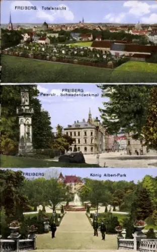 Ak Freiberg in Sachsen, Peterstraße, König Albert Platz, Schwedendenkmal