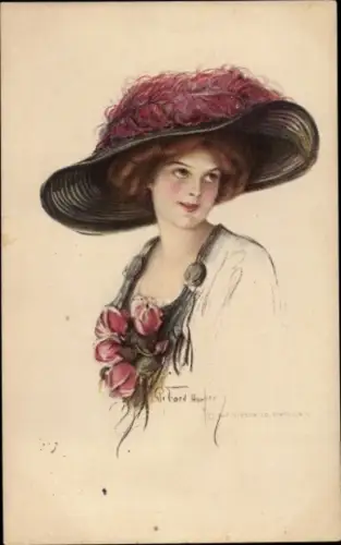 Künstler Ak Portrait einer Frau mit Federhut