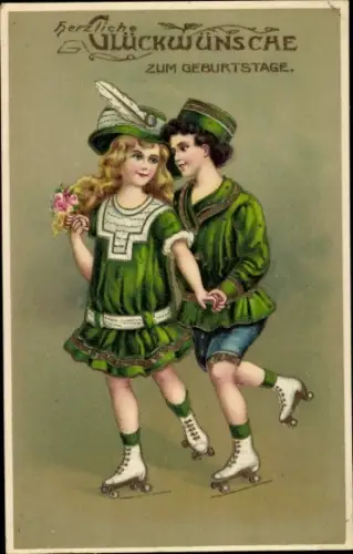 Glitzer Ak Glückwunsch Geburtstag, Liebespaar beim Inlineskaten