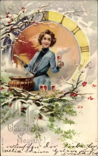 Litho Glückwunsch Neujahr, Junge Frau, Glühwein, Zifferblatt