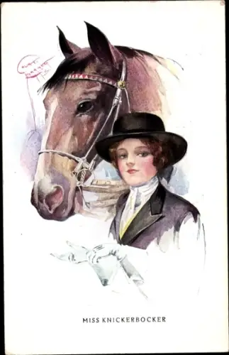 Künstler Ak Barber, Court, Miss Knickerbocker, Frau in Reitkleidung mit Pferd
