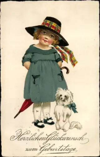 Ak Glückwunsch Geburtstag, Mädchen, Hund, Regenschirm, Hut