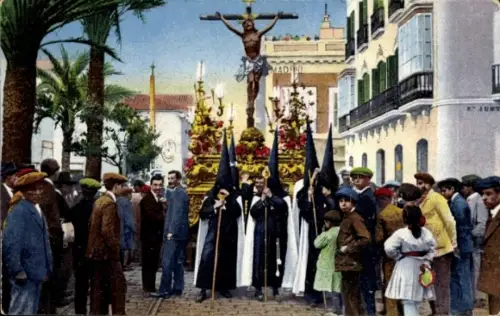 Ak Sevilla Andalusien, Prozession, Menschenmenge, Kreuzigung, schwarze Gewänder, Palmbaum