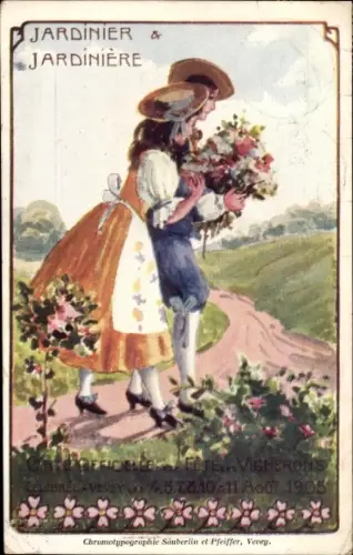 Passepartout Ak Kanton Waadt Schweiz, Jardinier & Jardiniere, Fete des Vignerons 1905