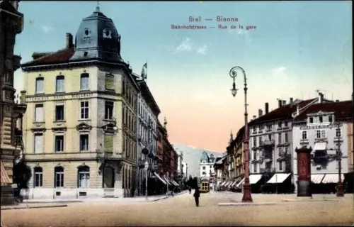 Ak Biel Bienne Kt Bern, Bahnhofstraße, Terminus Hotel Bielerhof, Brasseroe