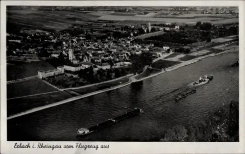 Ak Erbach im Rheingau Eltville am Rhein Hessen, Luftaufnahme von Erbach, Blick auf die Stadt, Flu
