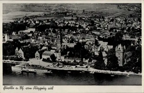 Ak Eltville am Rhein Hessen, Luftaufnahme von Eltville, Rheinschiff, Häuser am Hang