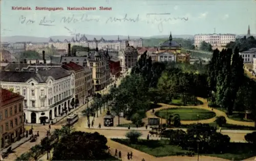 Ak Kristiania Christiania Oslo Norwegen, Allee mit Straßenbahn, Fußgänger, Park mit Wegen, Baumre
