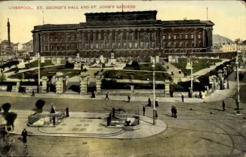 Ak Liverpool Merseyside England, großes Gebäude mit Säulenreihe, formaler Garten mit Wegen und St