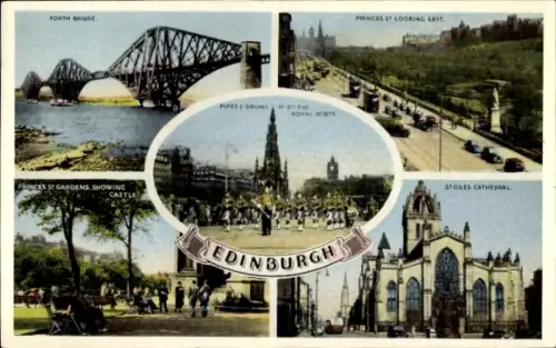 Ak Edinburgh Schottland, Stahlbrücke, Park mit Schloss, Dudelsack- und Trommelgruppe, Straße mit 