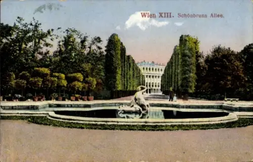 Ak Wien 13 Hietzing Österreich, Schönbrunn Allee, Brunnen mit Statue, Bäume,  Architektur