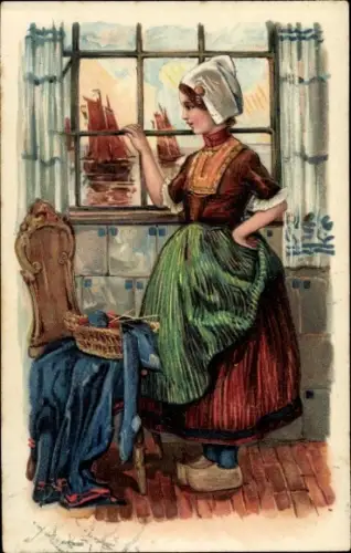Präge Ak Frau in holländischer Tracht, Häkelgarn