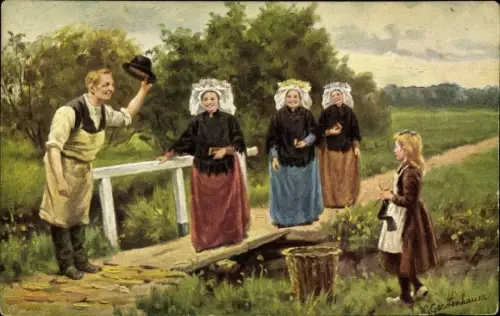 Künstler Ak Gerstenhauer, Frauen in Tracht, Brücke, Mann, Mädchen, Stricken