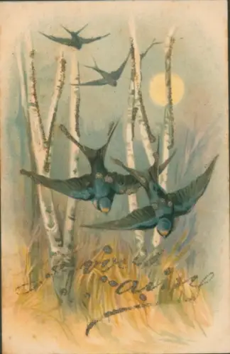 Glitzer Ak Fliegende Schwalben, Wald, Birken, Sonnenschein