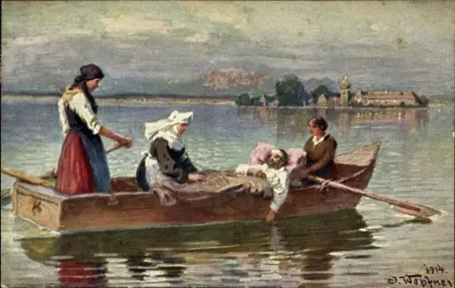 Künstler Ak Wopfner, J., Verwundeter Soldat im Boot, Krankenschwester, Rotes Kreuz, I. WK
