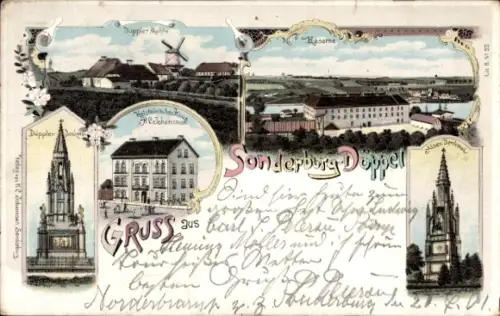 Litho Dybbøl Düppel Dänemark, Sonderburg, Kaserne, Düppler-Mühle, Denkmal, Holstensche Haus