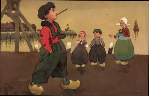 Künstler Ak Kinder in niederländischen Trachten, rauchender Junge