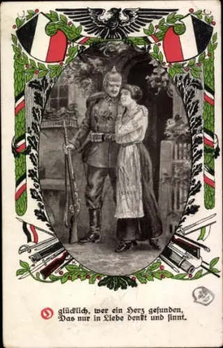 Passepartout Künstler Ak Soldatenliebe, Soldat in Uniform, Ausrüstung, Frau, Wappen, Waffen, Kranz