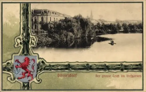 Wappen Ak Düsseldorf am Rhein, Der große Teich im Hofgarten