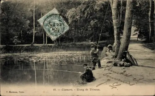 Ak Clamart Hauts de Seine, Kinder beim Angeln am Teich, mehrere Bäume am Ufer, Fahrrad lehnt am B