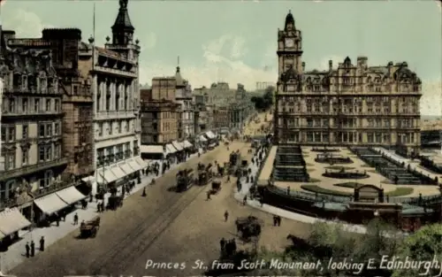 Ak Edinburgh Schottland, Breite Straße mit Fußgängern und Pferdekutschen, Läden mit Markisen, Par