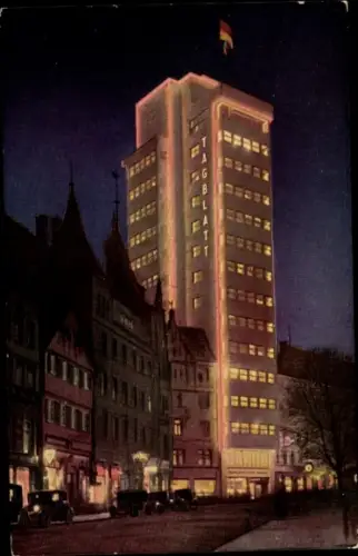 Ak Stuttgart in Württemberg, Tagblatt Turmhaus, Nachtaufnahme