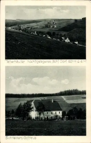 Ak Tellerhäuser Breitenbrunn Erzgebirge, Schneiders Gasthaus, Ortspanorama