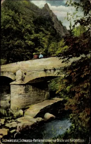 Ak Schwarza im Thüringer Wald, Fluss mit steinerner Brücke und Kirchfelsen