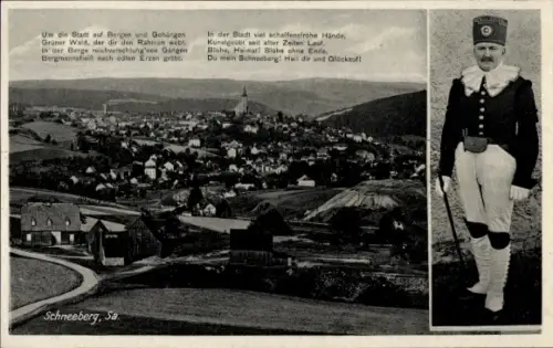 Ak Schneeberg im Erzgebirge, Bergmann in Tracht, Blick auf den Ort