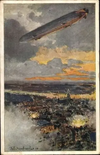 Künstler Ak Eckenbrecher, T. von, Anvers Antwerpen Flandern, Zeppelin, I.WK