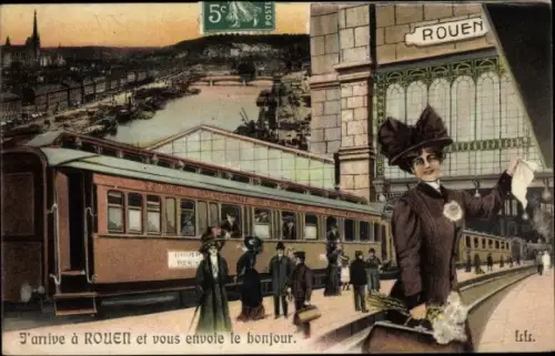Ak Rouen Seine Maritime, Bahnhof, Zug, Frau mit Koffer, Fluss, Schiffe, Hafen