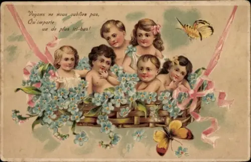 Präge Litho Kinder in einem Korb, Schmetterlinge, Vergissmeinnicht