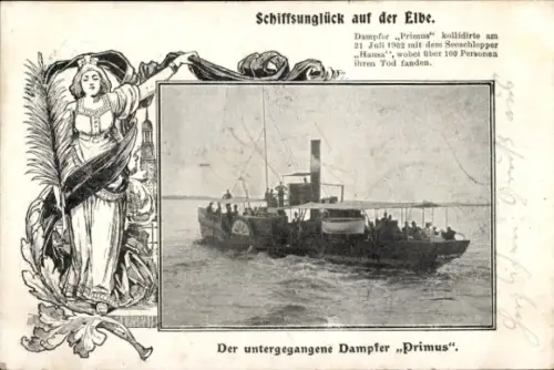 Passepartout Ak Dampfer Primus, Schiffsunglück auf der Elbe, Zusammenstoß Seeschlepper Hansa