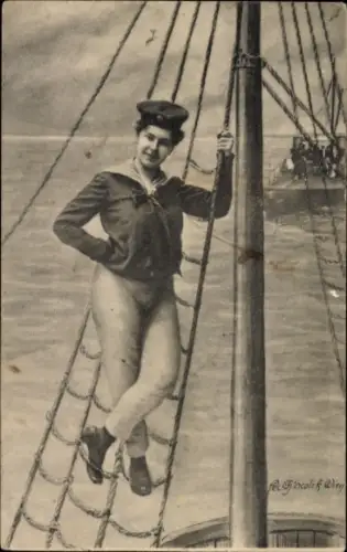 Ak Frau in Matrosenuniform, Schiff