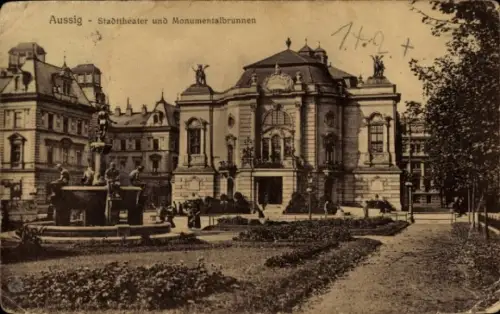 Ak Ústí nad Labem Aussig an der Elbe, Stadttheater, Monumentalbrunnen mit Figuren, Gartenwege, Pa