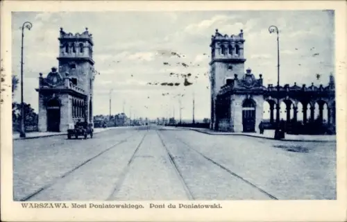 Ak Warszawa Warschau Polen, Brückeneingang mit zwei Türmen, Straßenbahngleise, Auto, Laternen, Ar