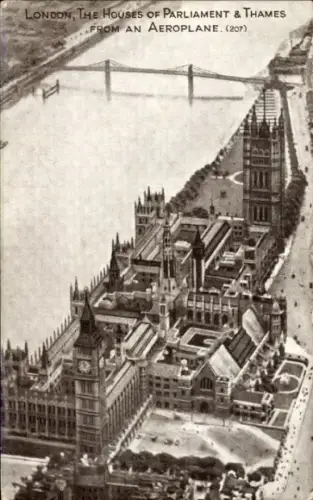 Ak Westminster London City, Houses of Parliament, Thames, Fliegeraufnahme