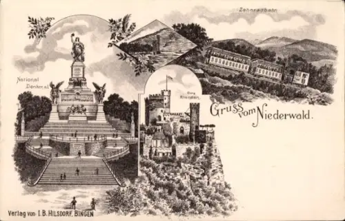 Litho Rüdesheim am Rhein, Niederwald Nationaldenkmal, Burg Rheinstein