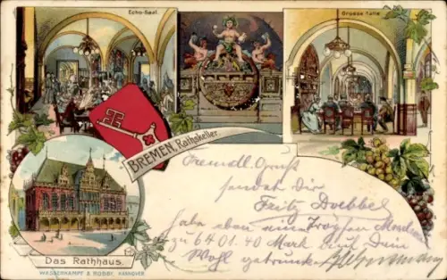 Wappen Litho Hansestadt Bremen, Gasthaus Ratskeller, Rathaus, Innenansicht