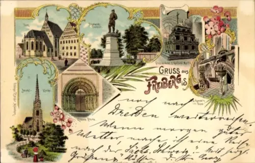 Litho Freiberg in Sachsen, Dom, Bismarckdenkmal, Jakobi Kirche, Kanzeln