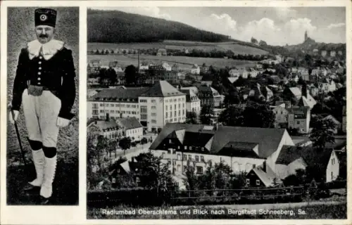 Ak Oberschlema Bad Schlema im Erzgebirge, Teilansicht mit Schneeberg, Bergmann