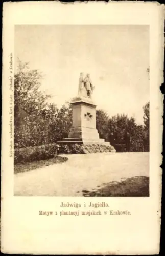 Ak Kraków Krakau Polen, Motiv aus den städtischen Pflanzungen, Denkmal Jadwiga und Jagiełło