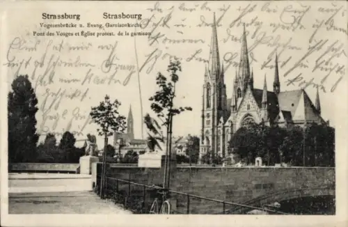 Ak Strasbourg Straßburg Elsass Bas Rhin, Vogesenbrücke, Garnisonkirche