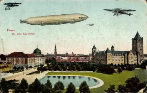 Ak Poznań Posen, Neue Kaiserpfalz, Zeppelin, Doppeldecker-Flugzeuge